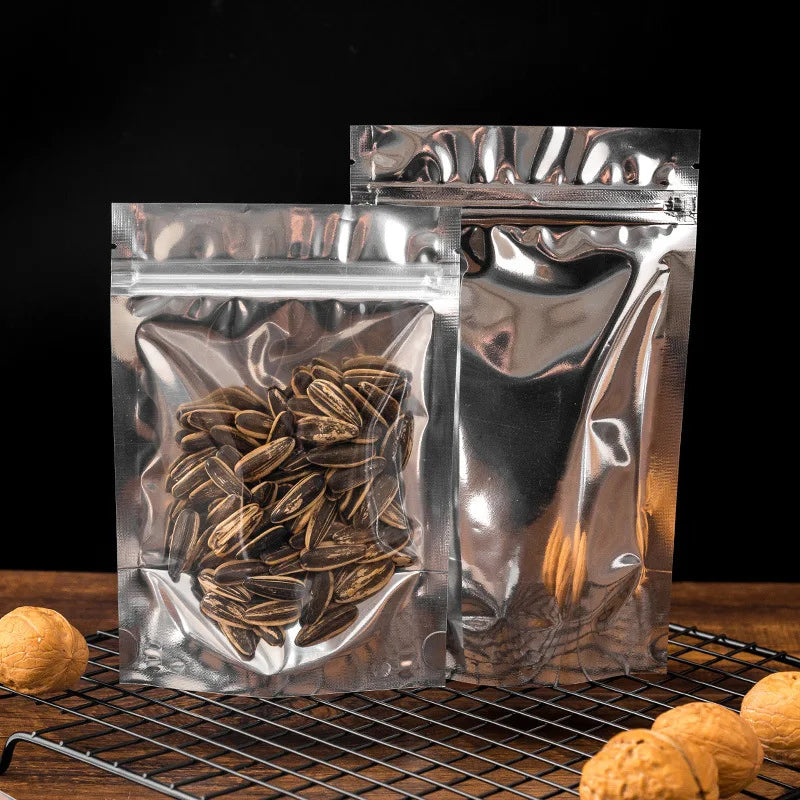 50Pcs Food Packaging Aluminum Foil Stand Up Bag Home Storage Tea Coffee Beans Supplies Ziplock Bags With Window Resealable