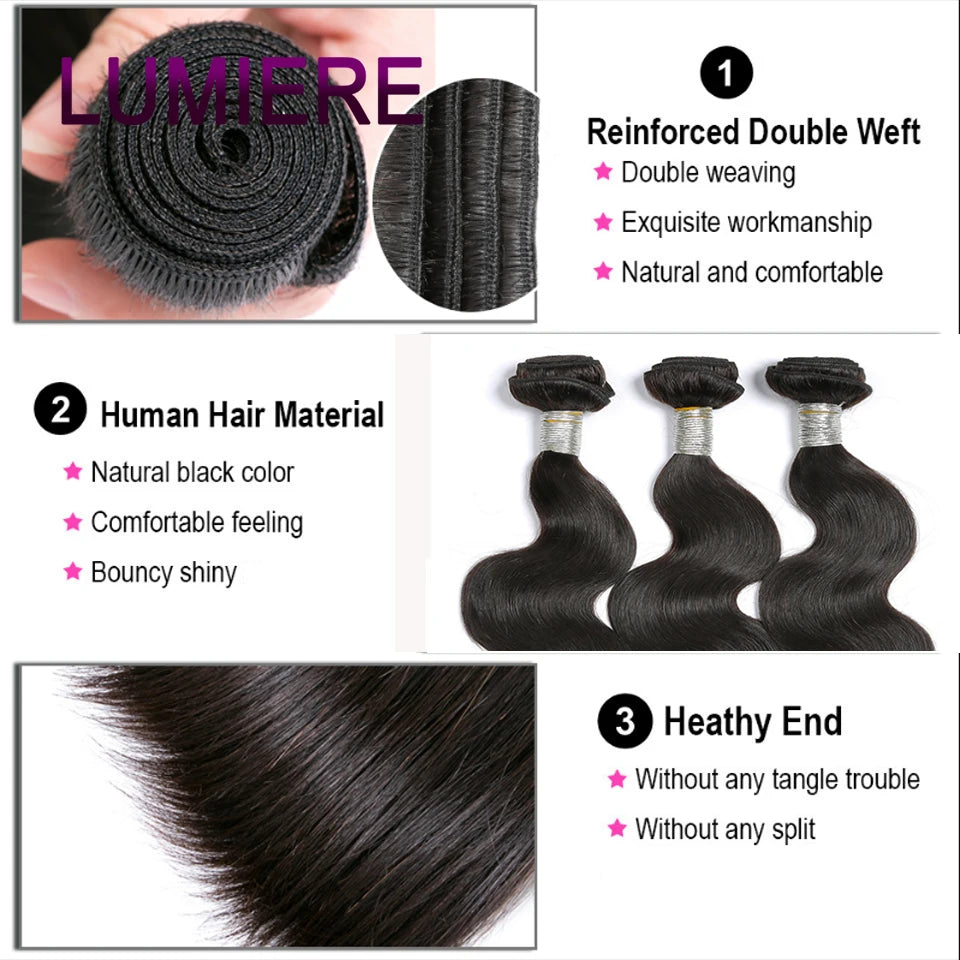 8-30" Body Wave Human Hair Bundles with Closure Frontal HD Transparent Lace Peruvian 100% Raw Virgin Human Hair Weave Extension