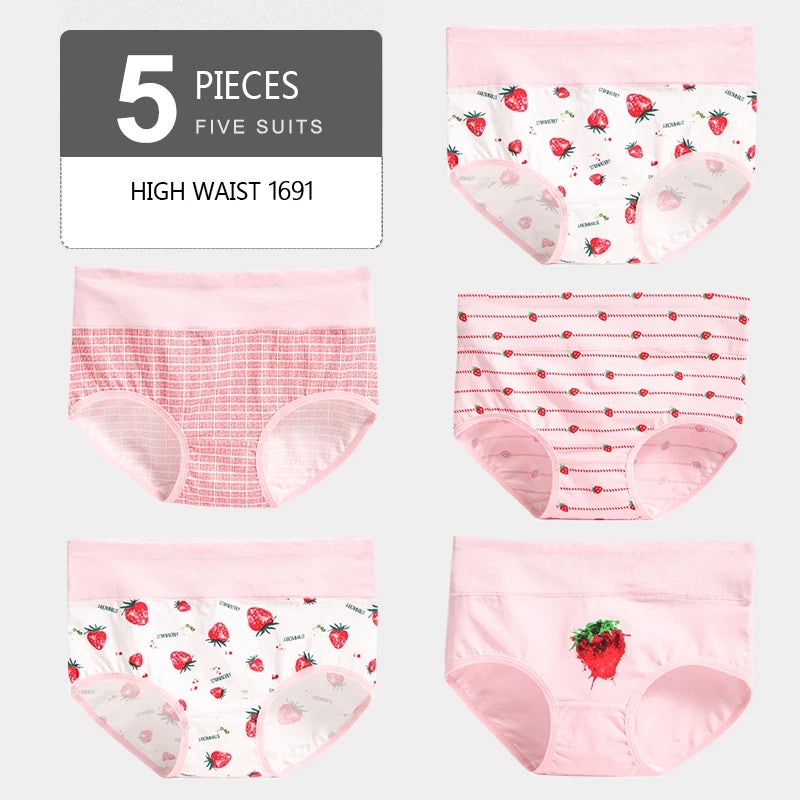 5Pcs Women's Panties Lady Cotton Underwear Print Cute Girls Breathable Seamless High Waist Briefs Woman Sexy Lingerie Intimates