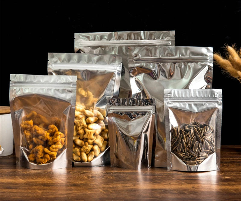 50Pcs Food Packaging Aluminum Foil Stand Up Bag Home Storage Tea Coffee Beans Supplies Ziplock Bags With Window Resealable