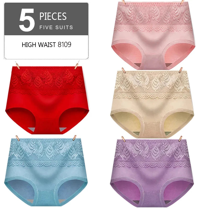 5Pcs Women's Panties Lady Cotton Underwear Print Cute Girls Breathable Seamless High Waist Briefs Woman Sexy Lingerie Intimates