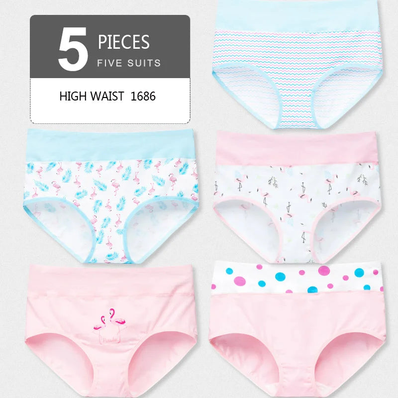 5Pcs Women's Panties Lady Cotton Underwear Print Cute Girls Breathable Seamless High Waist Briefs Woman Sexy Lingerie Intimates