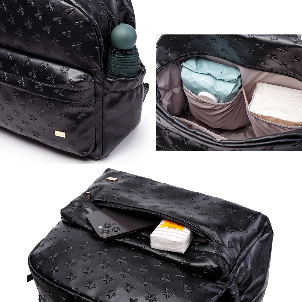 Soboba Diaper Bags for Mummy PU Waterproof Large Capacity Nappy Changing Bag Hanging on Stroller 3D Star Pattern Diaper Bag