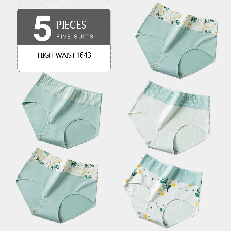 5Pcs Women's Panties Lady Cotton Underwear Print Cute Girls Breathable Seamless High Waist Briefs Woman Sexy Lingerie Intimates