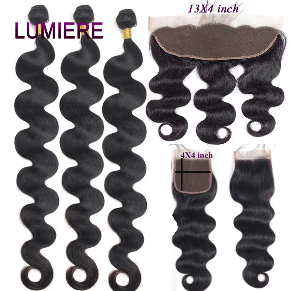 8-30" Body Wave Human Hair Bundles with Closure Frontal HD Transparent Lace Peruvian 100% Raw Virgin Human Hair Weave Extension