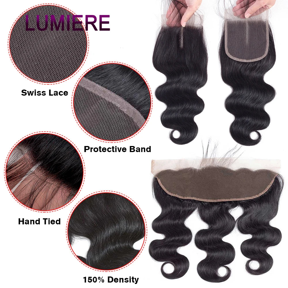 8-30" Body Wave Human Hair Bundles with Closure Frontal HD Transparent Lace Peruvian 100% Raw Virgin Human Hair Weave Extension
