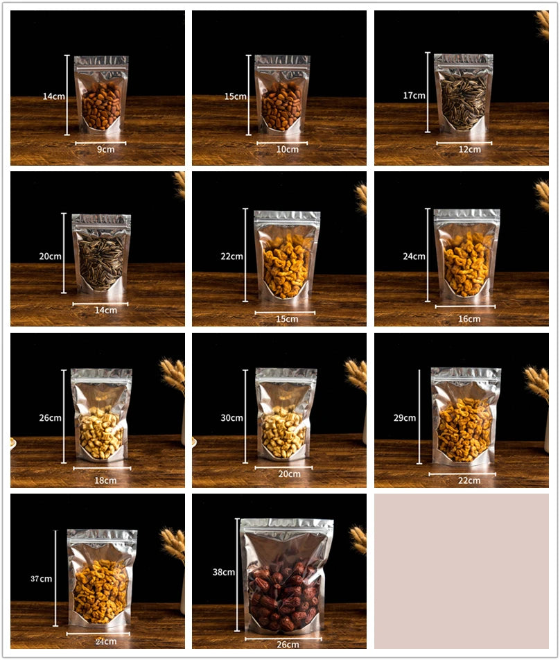 50Pcs Food Packaging Aluminum Foil Stand Up Bag Home Storage Tea Coffee Beans Supplies Ziplock Bags With Window Resealable
