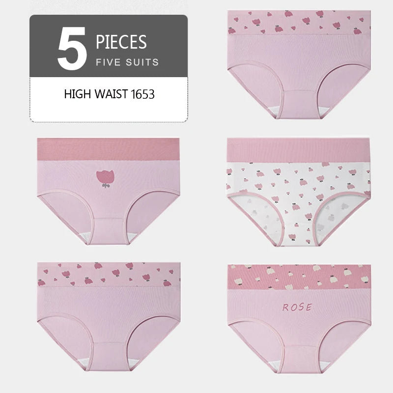 5Pcs Women's Panties Lady Cotton Underwear Print Cute Girls Breathable Seamless High Waist Briefs Woman Sexy Lingerie Intimates