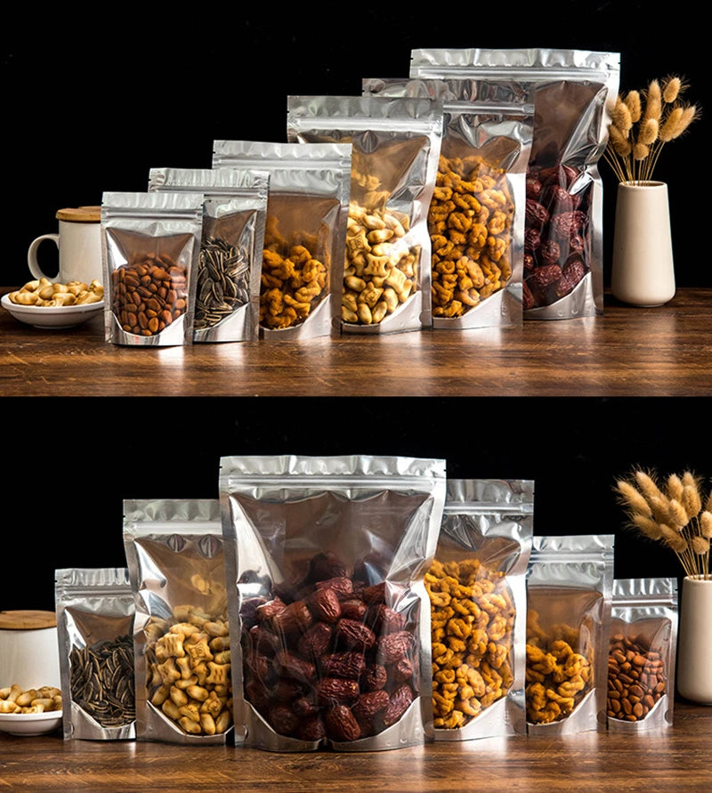 50Pcs Food Packaging Aluminum Foil Stand Up Bag Home Storage Tea Coffee Beans Supplies Ziplock Bags With Window Resealable