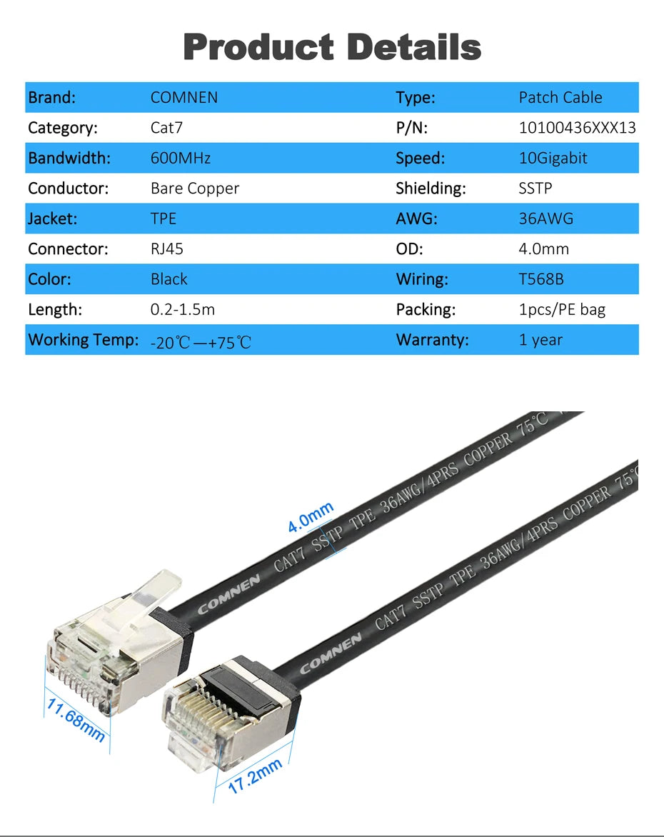 COMNEN Cat7 0.1m Ethernet Patch Cable rj45 4.0mm SSTP LAN CAT6 CAT6A internet Cable for ps5 Patch to Switch Router Ethernet