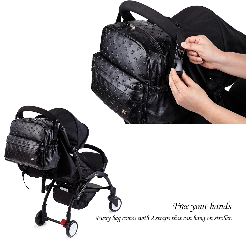 Soboba Diaper Bags for Mummy PU Waterproof Large Capacity Nappy Changing Bag Hanging on Stroller 3D Star Pattern Diaper Bag
