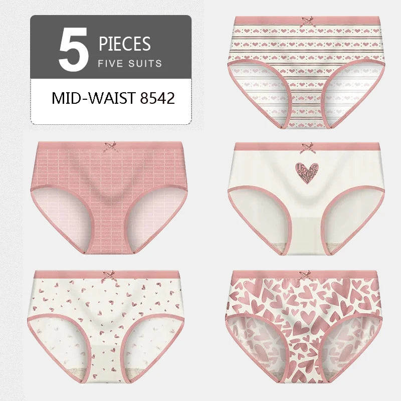 5Pcs Women's Panties Lady Cotton Underwear Print Cute Girls Breathable Seamless High Waist Briefs Woman Sexy Lingerie Intimates