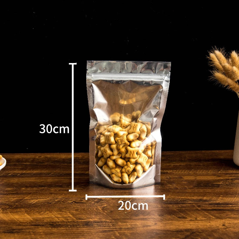 50Pcs Food Packaging Aluminum Foil Stand Up Bag Home Storage Tea Coffee Beans Supplies Ziplock Bags With Window Resealable