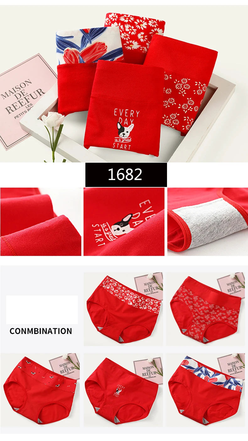 5Pcs Women's Panties Lady Cotton Underwear Print Cute Girls Breathable Seamless High Waist Briefs Woman Sexy Lingerie Intimates