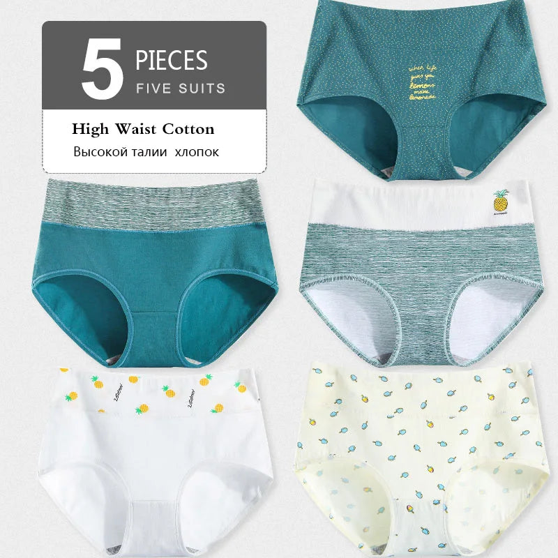 5Pcs Women's Panties Lady Cotton Underwear Print Cute Girls Breathable Seamless High Waist Briefs Woman Sexy Lingerie Intimates