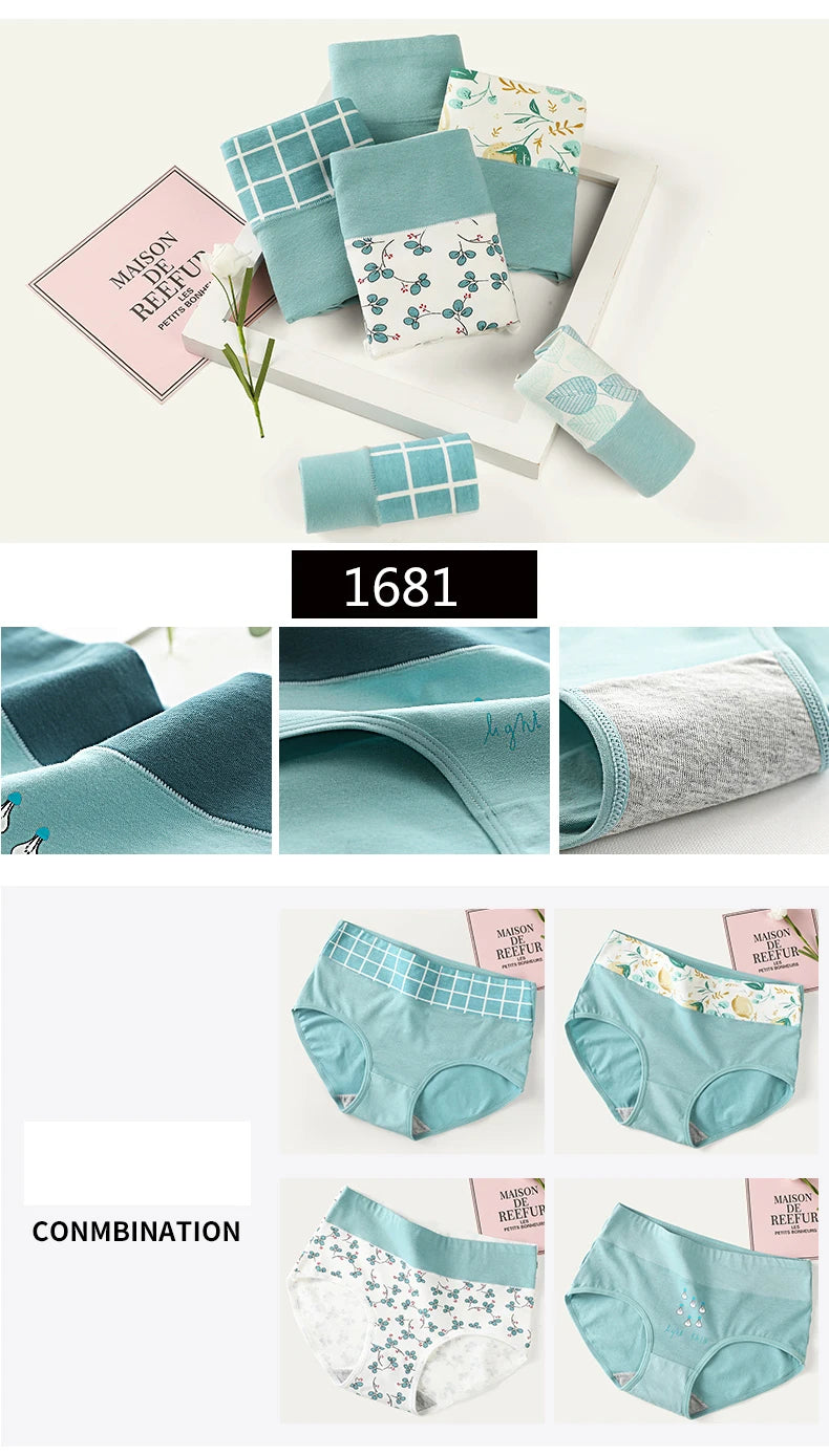 5Pcs Women's Panties Lady Cotton Underwear Print Cute Girls Breathable Seamless High Waist Briefs Woman Sexy Lingerie Intimates