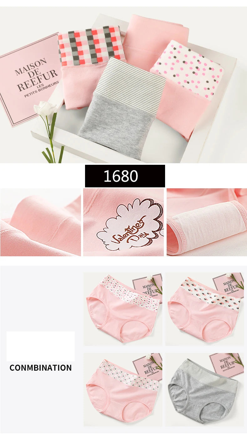 5Pcs Women's Panties Lady Cotton Underwear Print Cute Girls Breathable Seamless High Waist Briefs Woman Sexy Lingerie Intimates