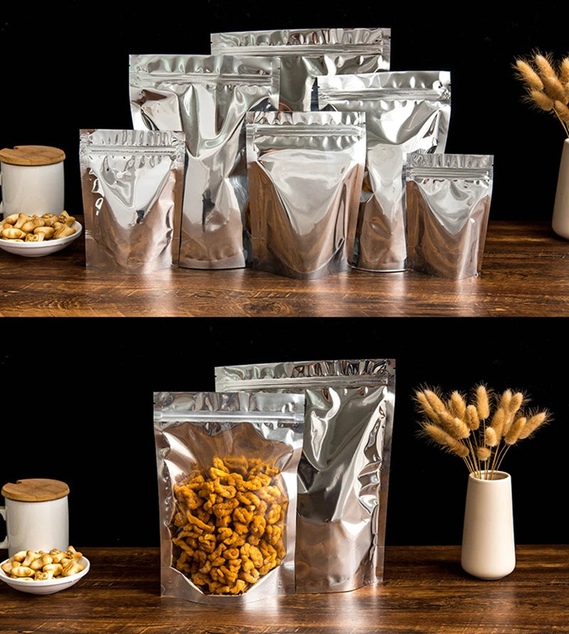 50Pcs Food Packaging Aluminum Foil Stand Up Bag Home Storage Tea Coffee Beans Supplies Ziplock Bags With Window Resealable