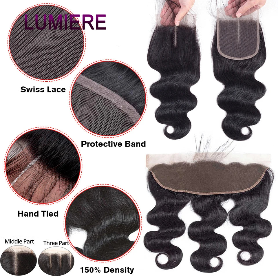 8-30" Body Wave Human Hair Bundles with Closure Frontal HD Transparent Lace Peruvian 100% Raw Virgin Human Hair Weave Extension