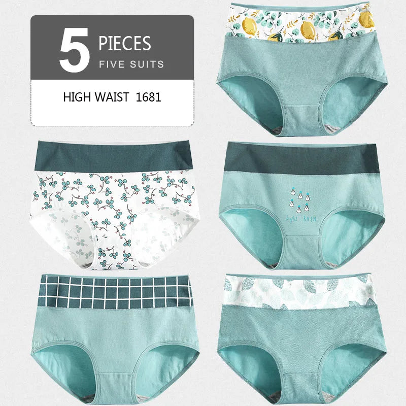 5Pcs Women's Panties Lady Cotton Underwear Print Cute Girls Breathable Seamless High Waist Briefs Woman Sexy Lingerie Intimates