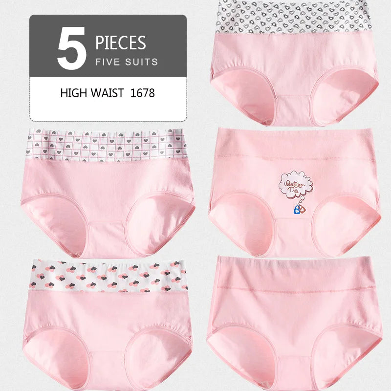5Pcs Women's Panties Lady Cotton Underwear Print Cute Girls Breathable Seamless High Waist Briefs Woman Sexy Lingerie Intimates