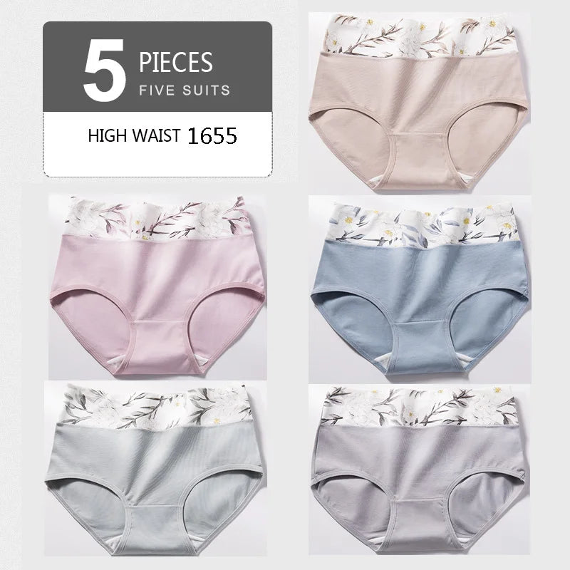 5Pcs Women's Panties Lady Cotton Underwear Print Cute Girls Breathable Seamless High Waist Briefs Woman Sexy Lingerie Intimates