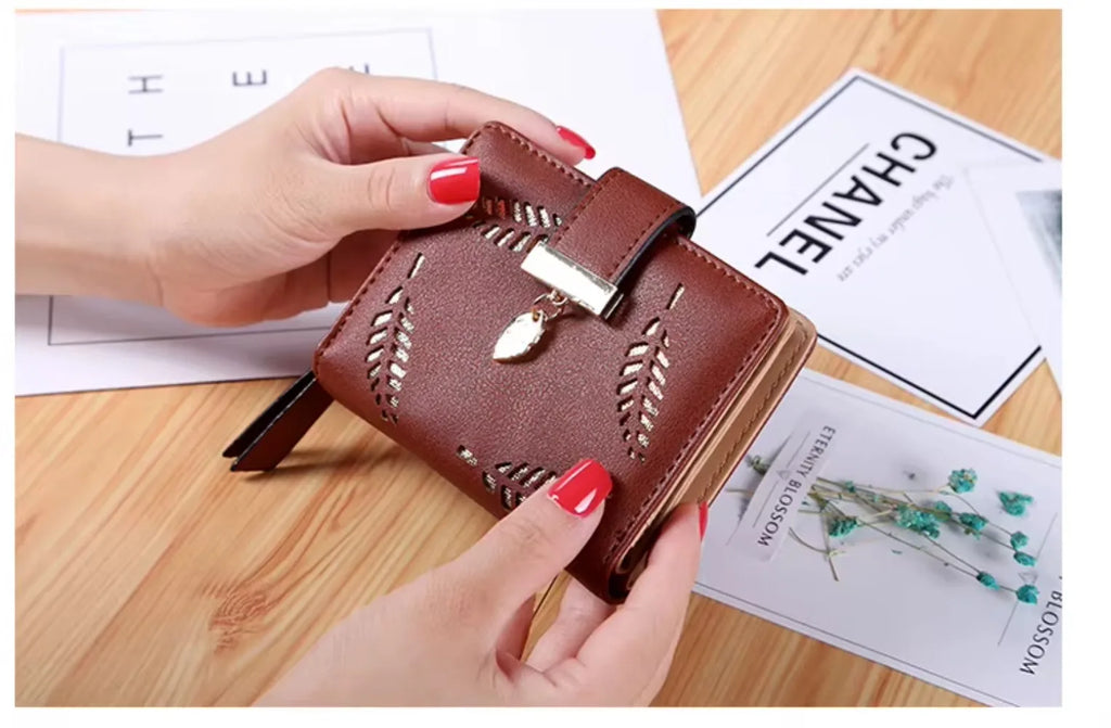 Luxury Women Wallet Leather Purse Short Zipper Clutch Bag Small Hollow Out Leaves Design Fashion Brand Wallets