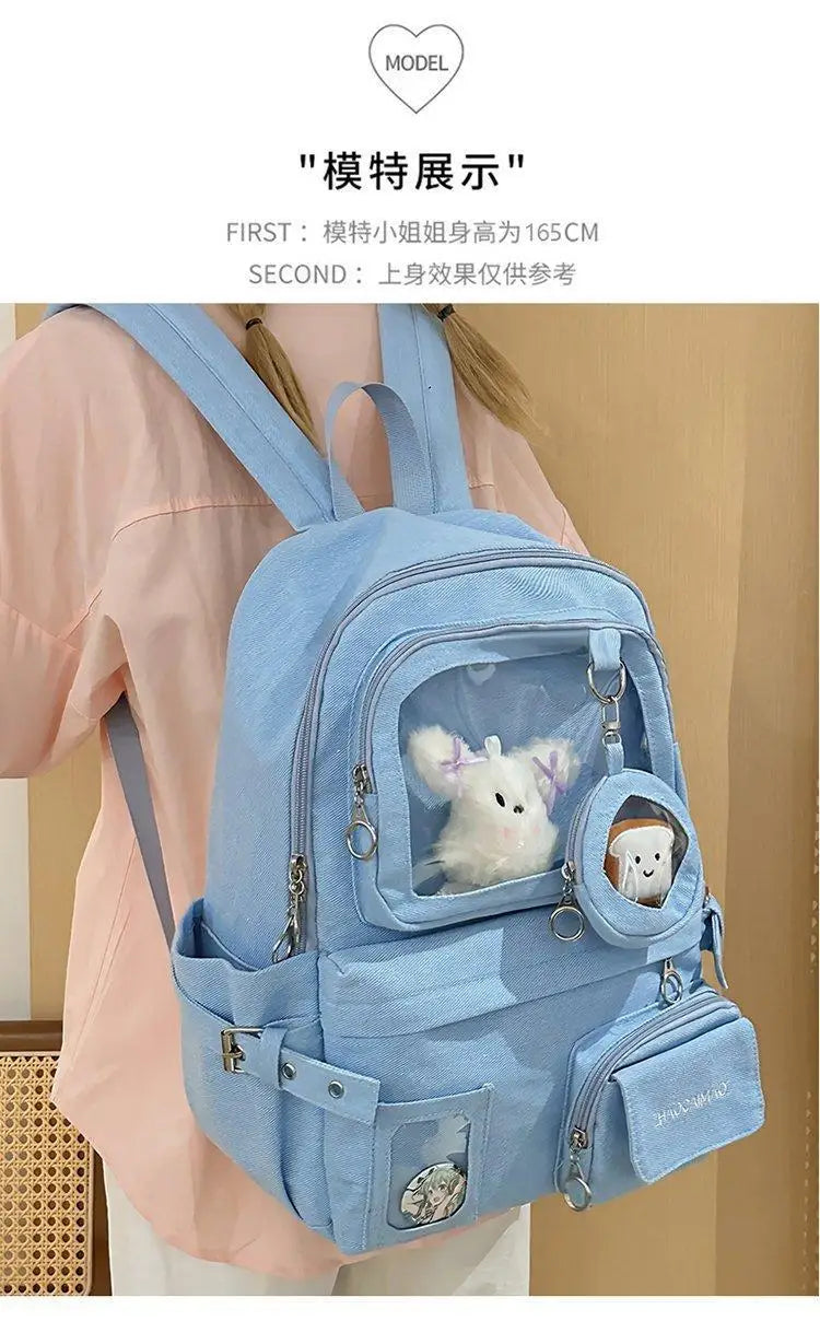 HAEX Denim Women Backpacks 2026 Large Capacity Harajuku DIY Anime Badge Ita Bag Female Student Daily Commute Mochilas Para Mujer