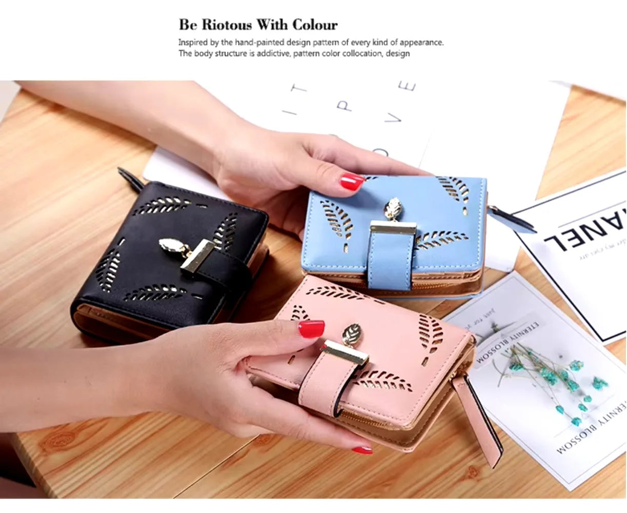 Luxury Women Wallet Leather Purse Short Zipper Clutch Bag Small Hollow Out Leaves Design Fashion Brand Wallets