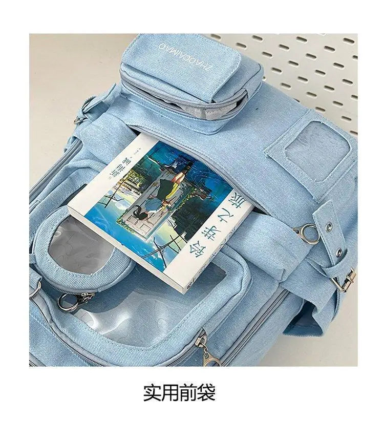HAEX Denim Women Backpacks 2026 Large Capacity Harajuku DIY Anime Badge Ita Bag Female Student Daily Commute Mochilas Para Mujer