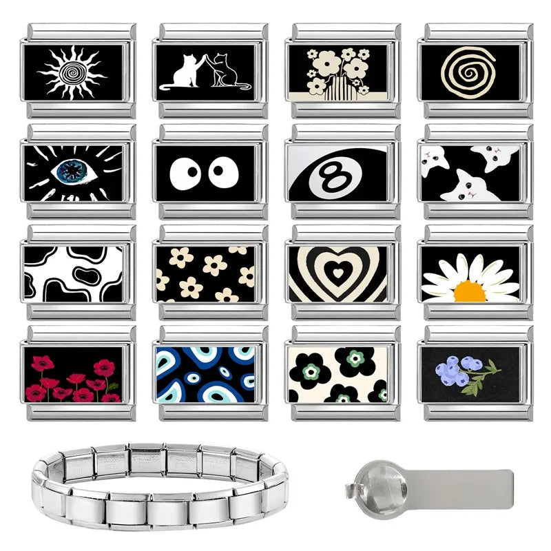 Personalized Black and White Moon Stars Cloud Italian Charm Links Fit 9mm Stainless Steel Bracelet Men Women DIY Making Gifts
