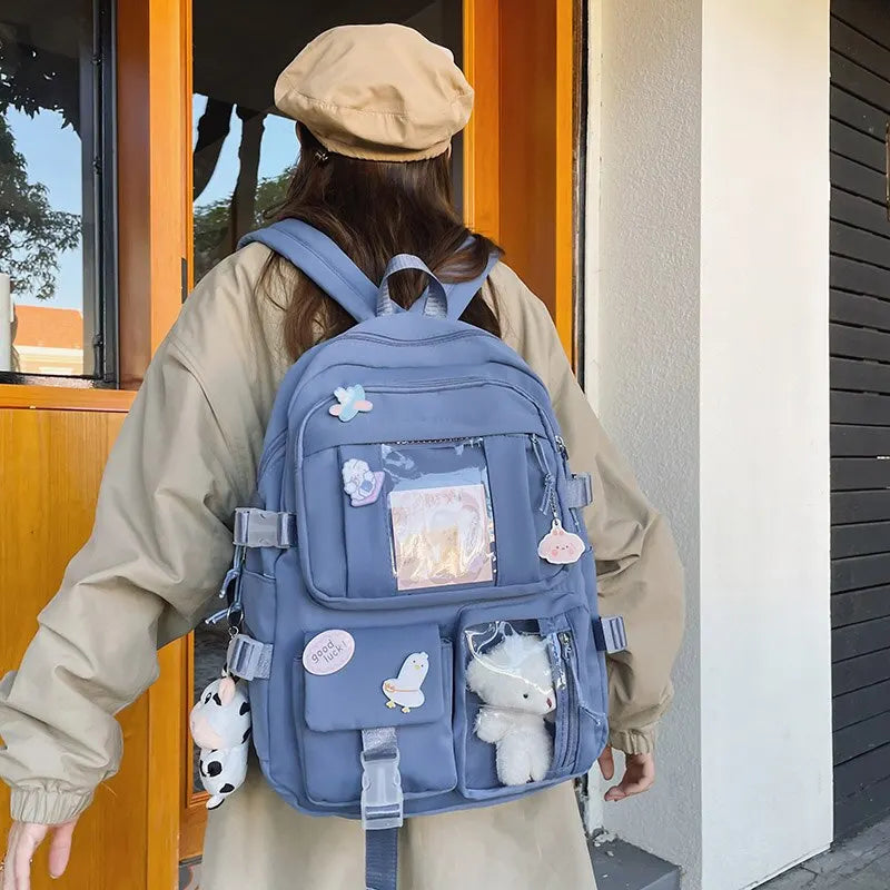 Preppy School Bag Student Backpack Nylon Cute Girl Backpack Badge Pendant Travel Bag