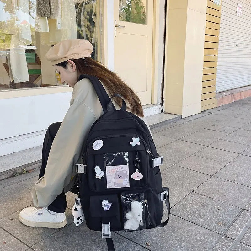 Preppy School Bag Student Backpack Nylon Cute Girl Backpack Badge Pendant Travel Bag