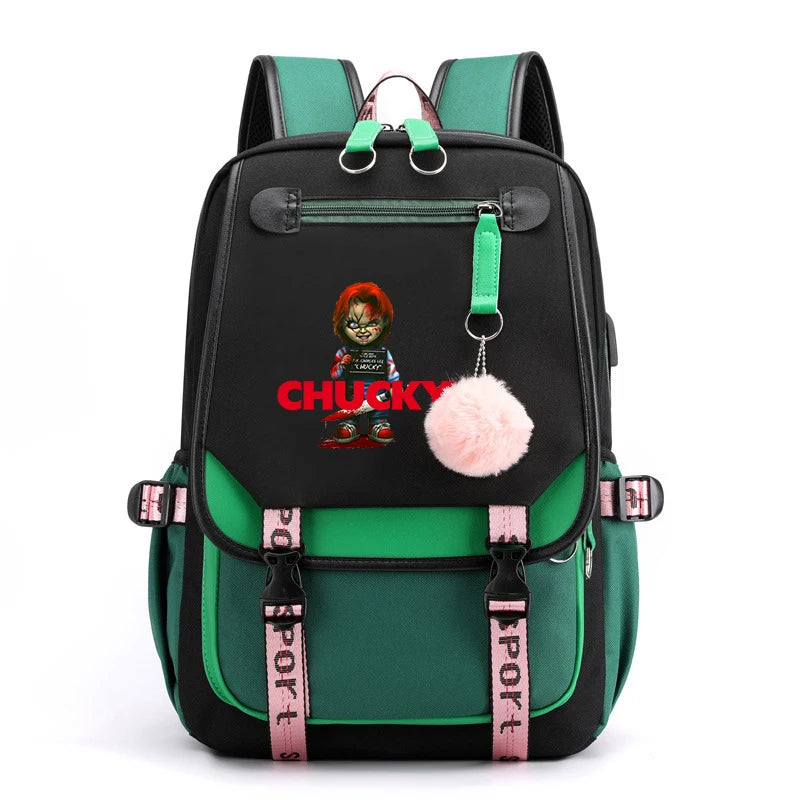 Horror Movie Child's Play Chucky Backpack Teenager School USB Charging Bags Men Women School Bag Travel Mochila