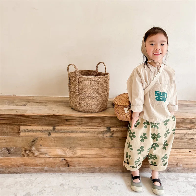 1639C Children Pants Spring New Flower Print Girl's Pant Washed Cotton Harem Pants 1-7Year Boy's Casual Pants Trousers