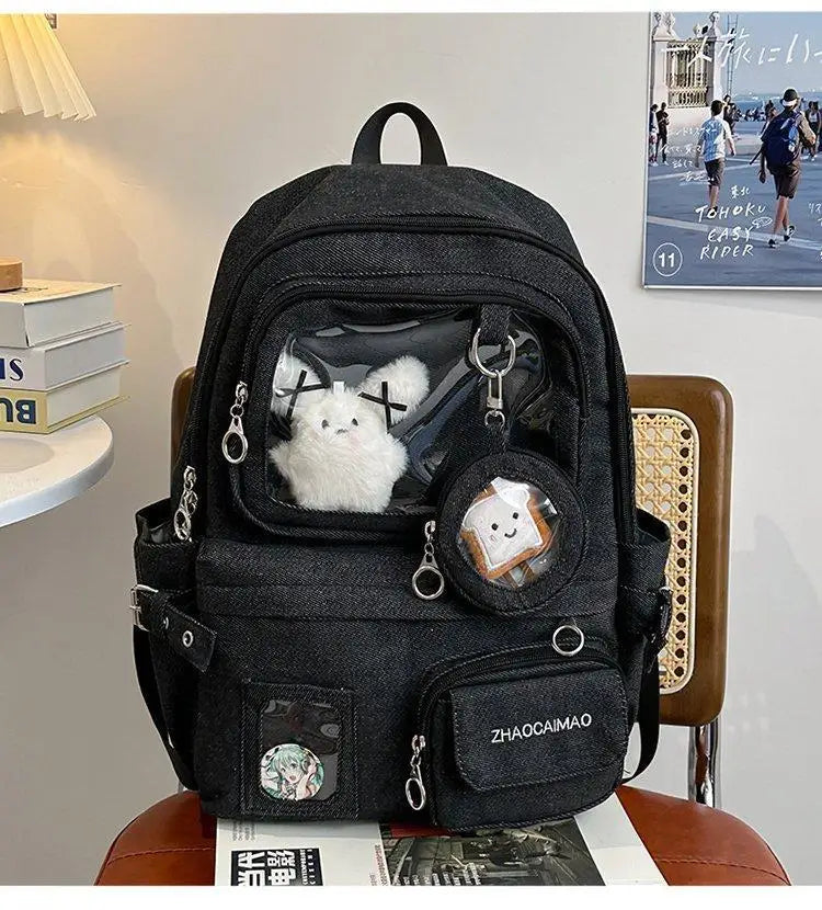 HAEX Denim Women Backpacks 2026 Large Capacity Harajuku DIY Anime Badge Ita Bag Female Student Daily Commute Mochilas Para Mujer