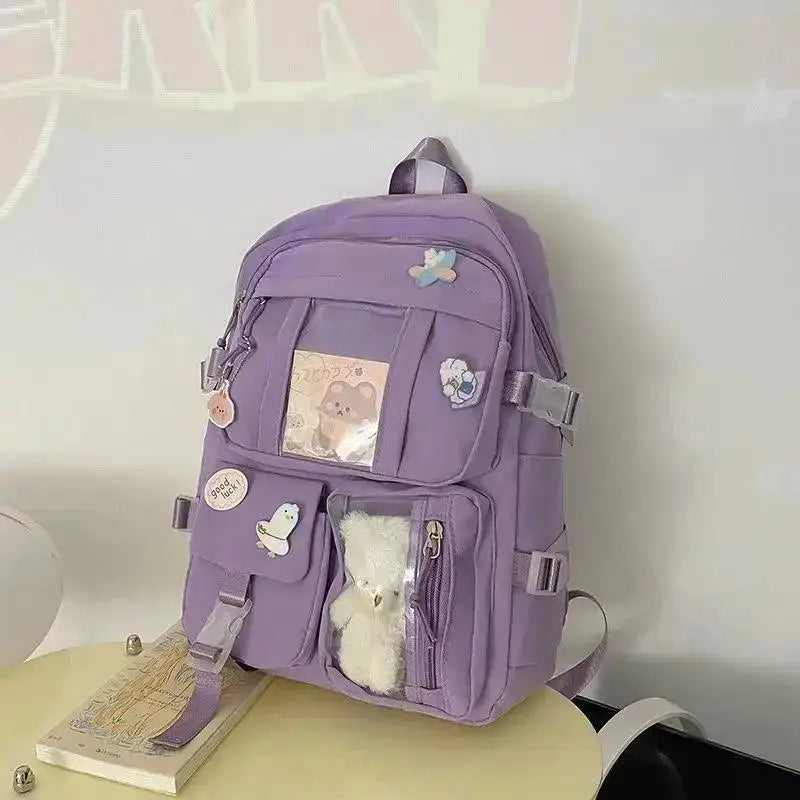 Preppy School Bag Student Backpack Nylon Cute Girl Backpack Badge Pendant Travel Bag