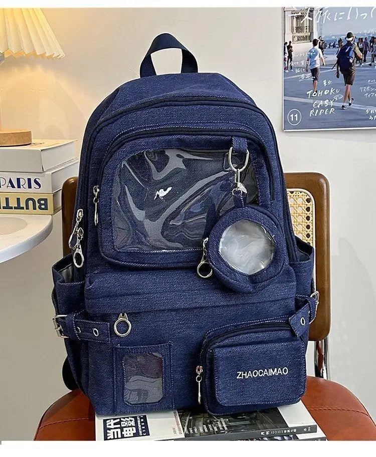 HAEX Denim Women Backpacks 2026 Large Capacity Harajuku DIY Anime Badge Ita Bag Female Student Daily Commute Mochilas Para Mujer