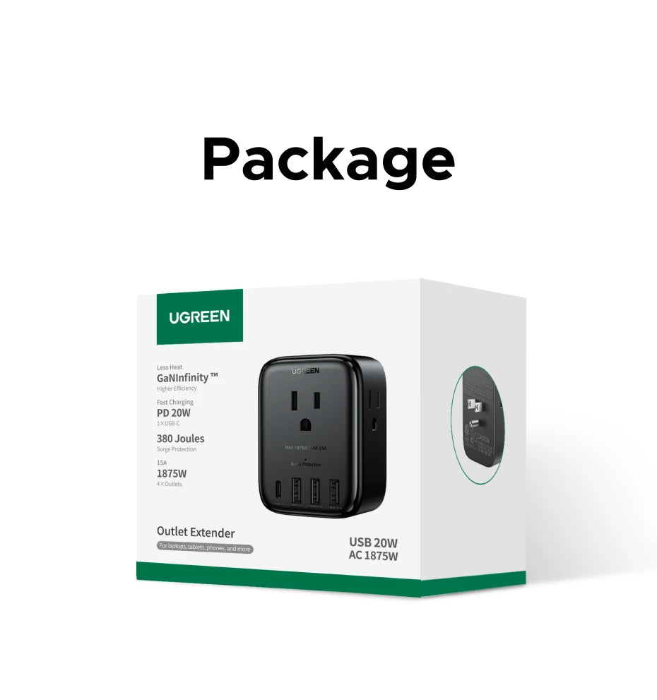 UGREEN Outlet Extender 20W Power Strip with 4 AC Outlets 3 USB A 1 USB C Wall Charger for Home Office Travel 1875W 15A 125V