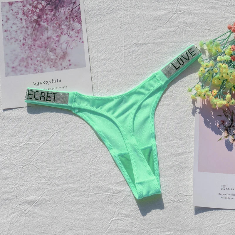 Sexy Panties G-string Sports Women Thong T-back Fitness Secret Rhinestone Sexy Lingerie Letter Diamonds Female Underwear
