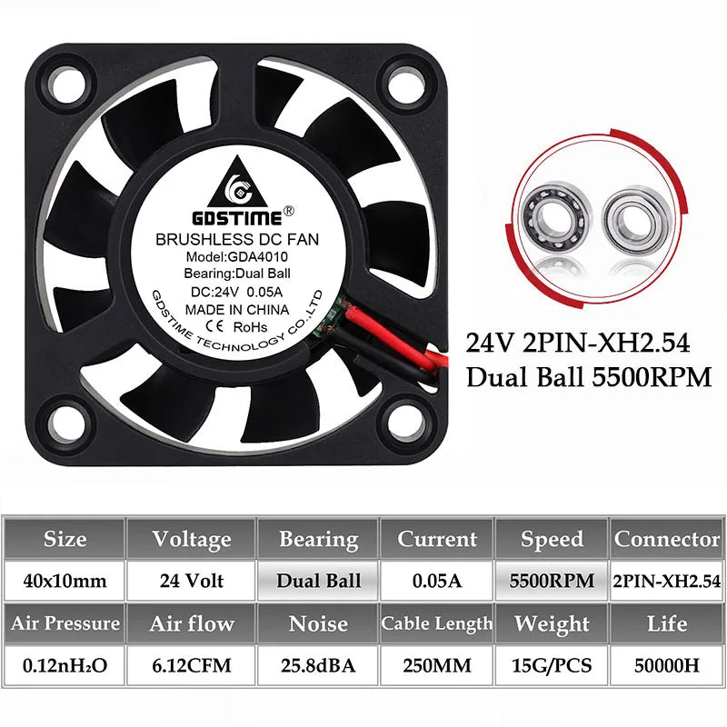 2Pcs Gdstime DC 24V 12V 5V 40mm x 40mm x 10mm 2-Pin Ball Bearing Computer PC Case Cooling Fan 4010