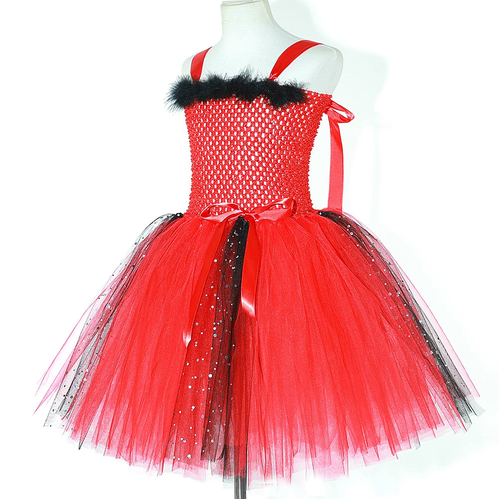 Halloween Red Devil Costumes for Girls Demon Angel Fancy Tutu Dress with Wings Horn Pitch Fork Kids Carnival Disguise Outfits
