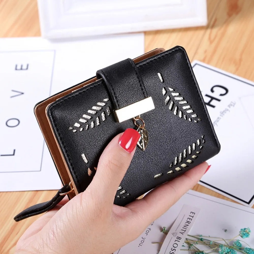 Luxury Women Wallet Leather Purse Short Zipper Clutch Bag Small Hollow Out Leaves Design Fashion Brand Wallets
