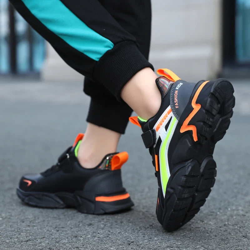 New Sport Sneaker Kids Boys Casual Shoes for 5-16Years Old Children Leather Non-Slip Fashion Tenis Shoes Soft Soled Black Shoe