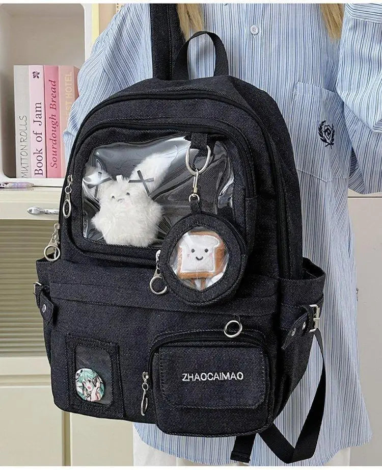 HAEX Denim Women Backpacks 2026 Large Capacity Harajuku DIY Anime Badge Ita Bag Female Student Daily Commute Mochilas Para Mujer