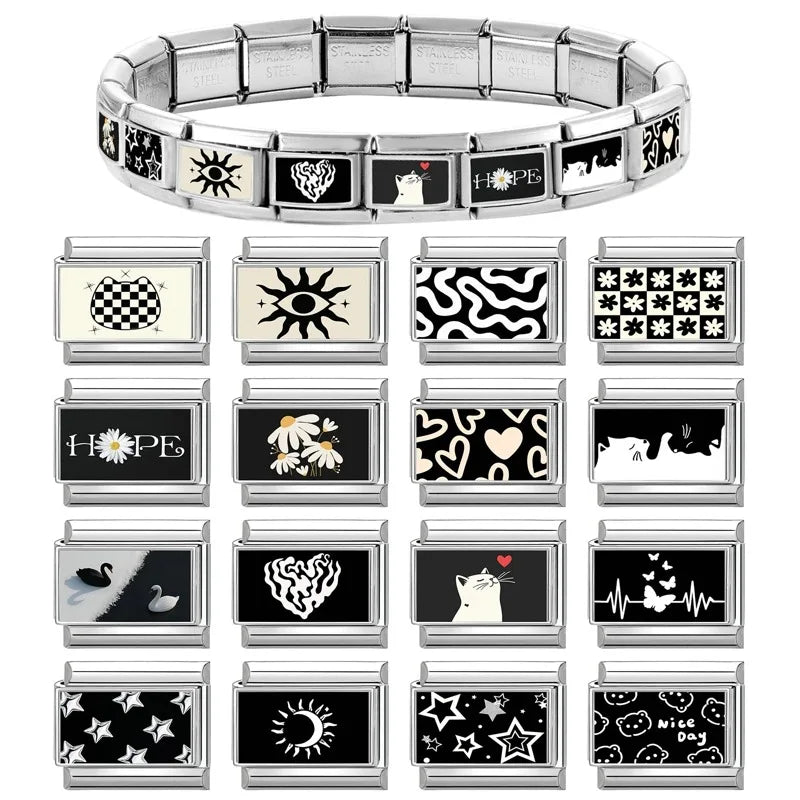 Personalized Black and White Moon Stars Cloud Italian Charm Links Fit 9mm Stainless Steel Bracelet Men Women DIY Making Gifts