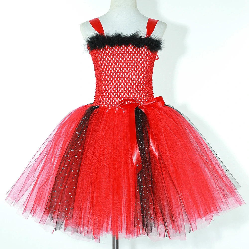 Halloween Red Devil Costumes for Girls Demon Angel Fancy Tutu Dress with Wings Horn Pitch Fork Kids Carnival Disguise Outfits