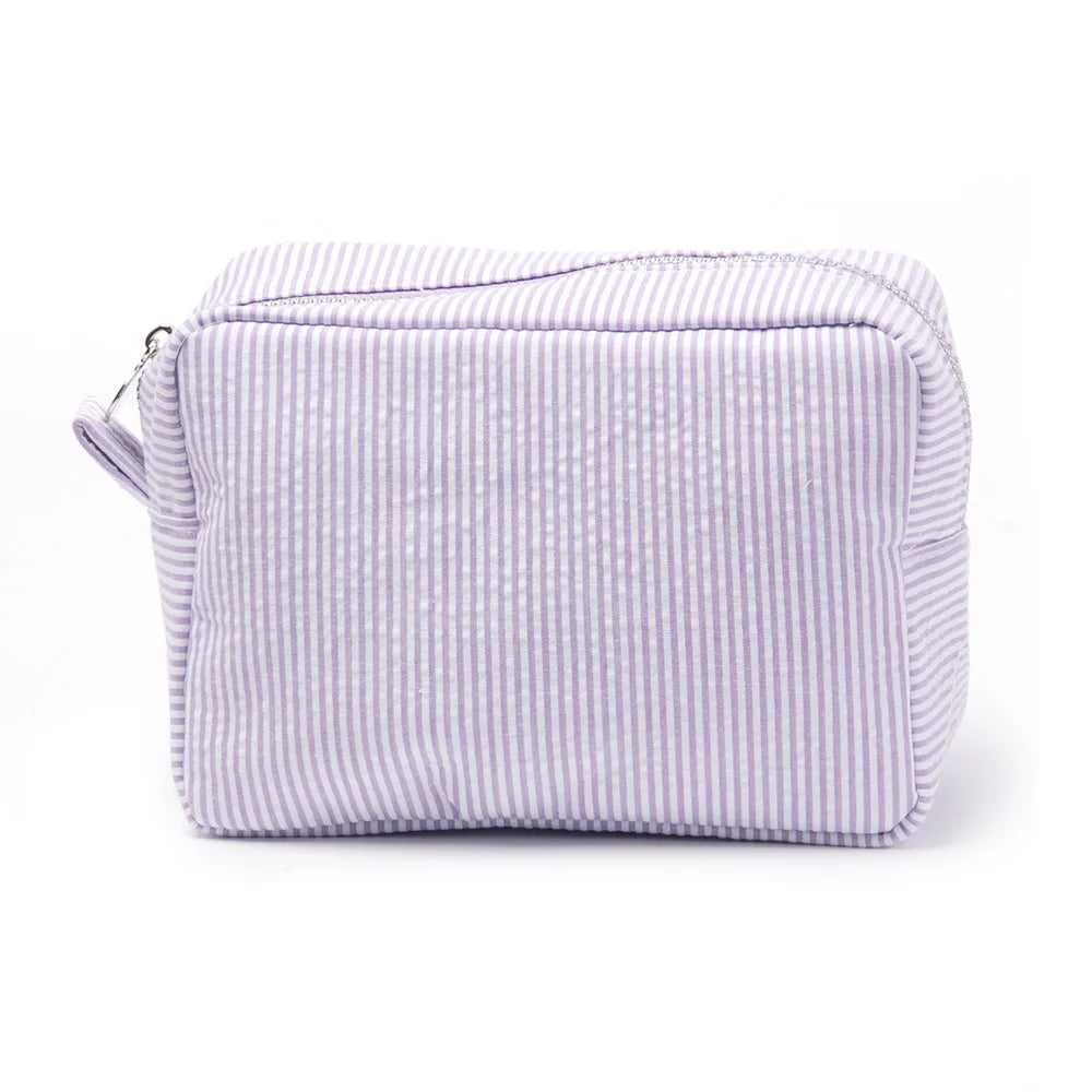 Seersucker Ruffle Cosmetic Bags Pink/Purple Striped Storage Make Up Bags for Women Lady with Zipper Travel Bag Makeup Bag