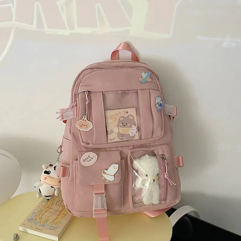 Preppy School Bag Student Backpack Nylon Cute Girl Backpack Badge Pendant Travel Bag