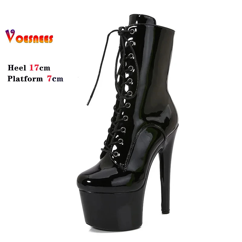 Red 17CM/6Inchs Women Boots Sexy Fashion Catwalk Knight Boots PU Upper Exotic High Heel Platform Party Boots Pole Dance Shoes
